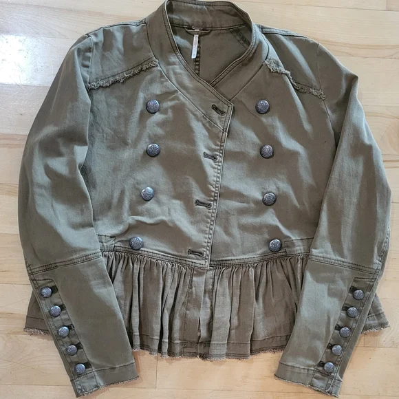 Free People Olive Green Utility Jacket with Peplum Hem - Picture 2 of 13